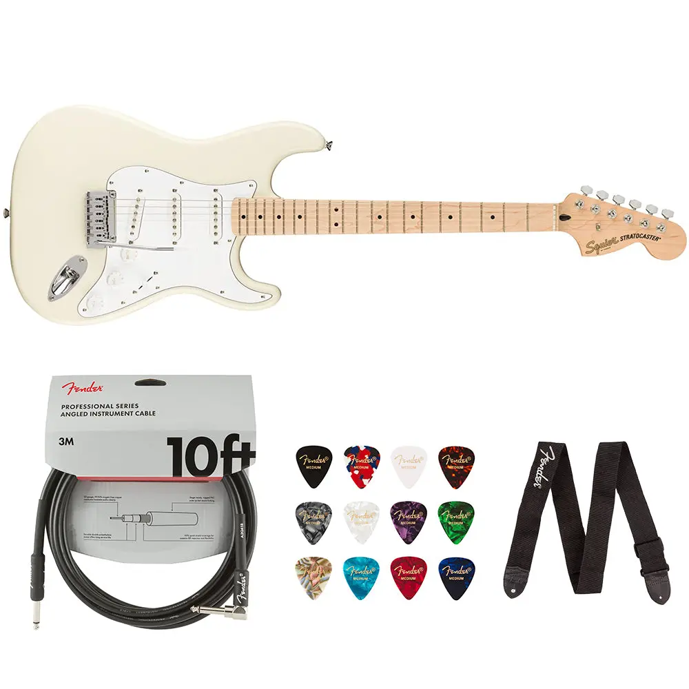 Squier by Fender Affinity Series Stratocaster (Maple fingerboard, Olympic White) Bundle with Fender 10ft Cable (Straight/Straight), Fender Guitar 12-Pack Picks, and Fender 2" Guitar Straps