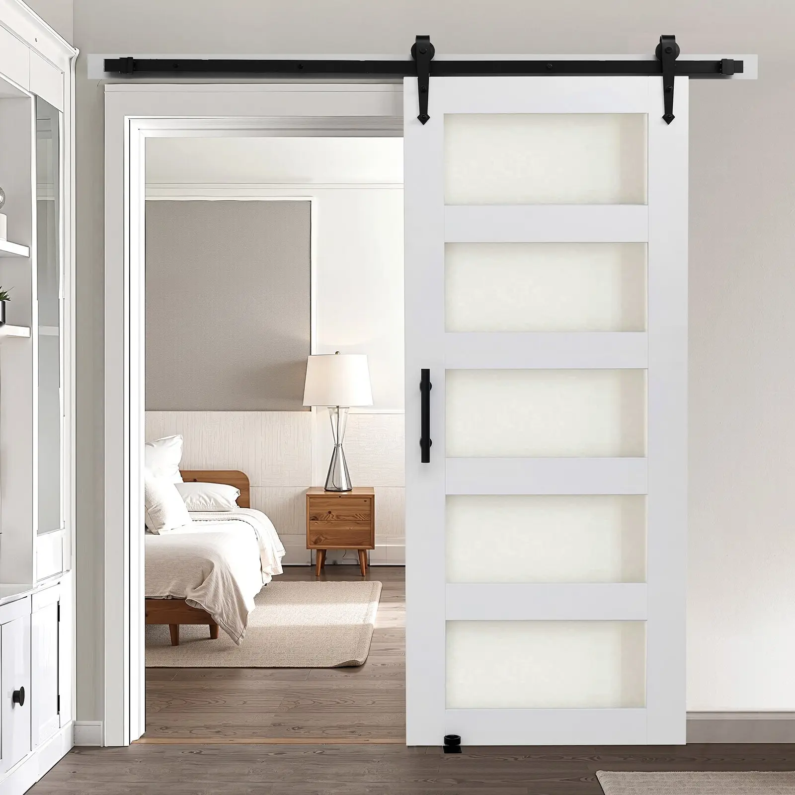 Sliding Barn Door With Hardware Kit, 36 x 84 Inch MDF Panel Frosted Glass, Complete Interior Sliding Door Set With Durable Steel Track System, Soft-Close Mechanism, Farmhouse Rustic Style For Living Room And Bedroom