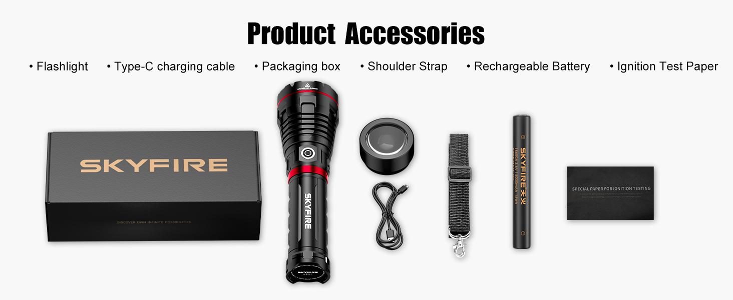 SKYFIRE 1209 Rechargeable  Flashlight - Waterproof, 3 Modes & Carry Strap, 20000mAh Super Bright Instant Light for Camping Emergency Power Outage