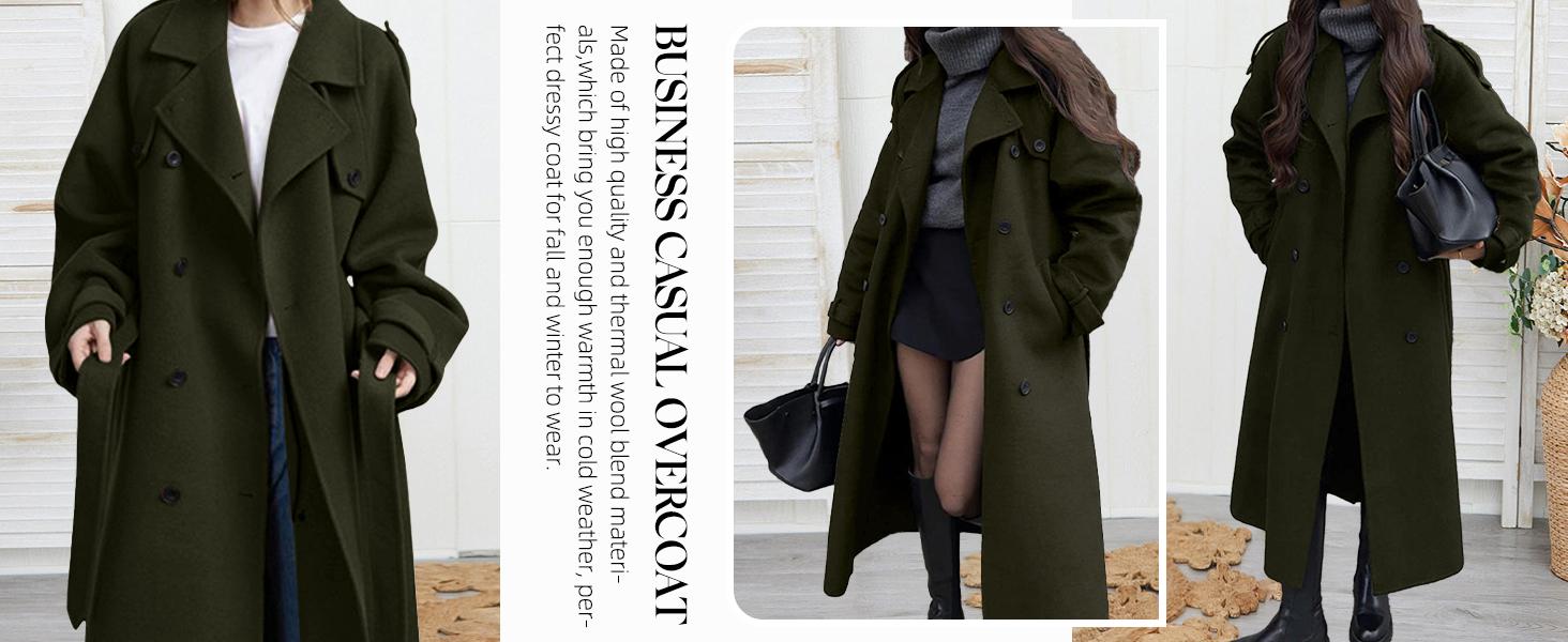 Chouyatou women's winter wool blend mid-length coat notched lapel double-breasted long-sleeved trench coat with belt SpringStatements