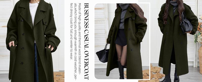 Chouyatou women's winter wool blend mid-length coat notched lapel double-breasted long-sleeved trench coat with belt Chouyatou women's winter wool blend mid-length coat notched lapel double-breasted long-sleeved trench coat with belt