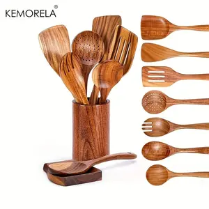 9 Piece Teak Wooden Cooking Utensil set with Holder