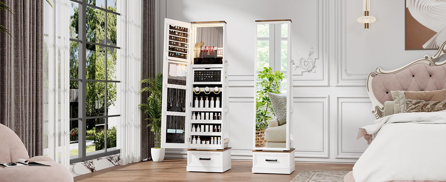 Miu 360° Swivel Standing Jewelry Cabinet with LED Light, mirror cabinet,jewelry armoire，Mirror with storage，Standing Jewelry Armoire Organizer gift idea