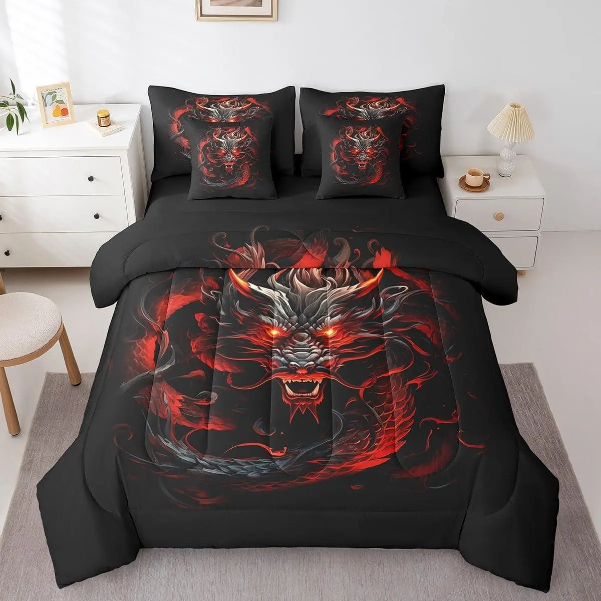 Red Black Dragon Bed in a Bag,Glowing Flame Dragon 7 Pieces Comforter Set Men Adult,Wild Animals Cool Magical Style with Comforter,Sheet Sets and Pillow Cases