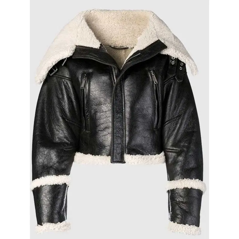 Women’s Black Leather Cropped Wide Shearling Collar Jacket