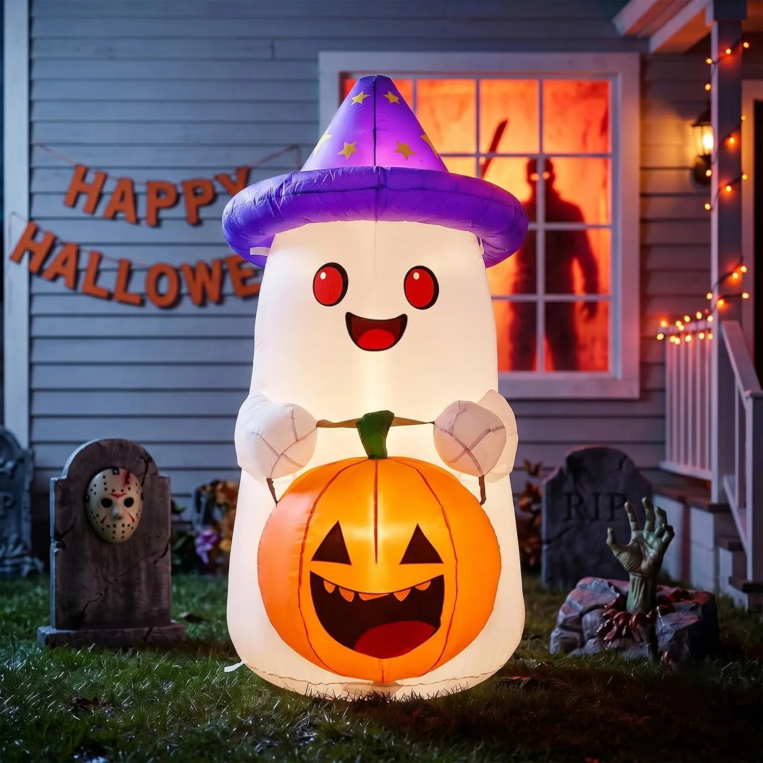 5ft Halloween Inflatable Ghost Pumpkin Decoration with Built-in 2 Lights, Waterproof Spooky Blow Up Ornament for Porch, Lawn, Water Proof