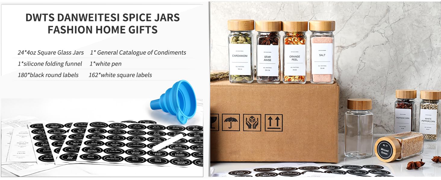 DWTS DANWEITESI 36 Pcs glass spice jars with bamboo lids, clear containers, 4 oz Glass Jars with Spice Labels Stickers, Collapsible Funnel, Seasoning Storage Bottles for Spice Rack, Cabinet, Drawer Kitchen Set