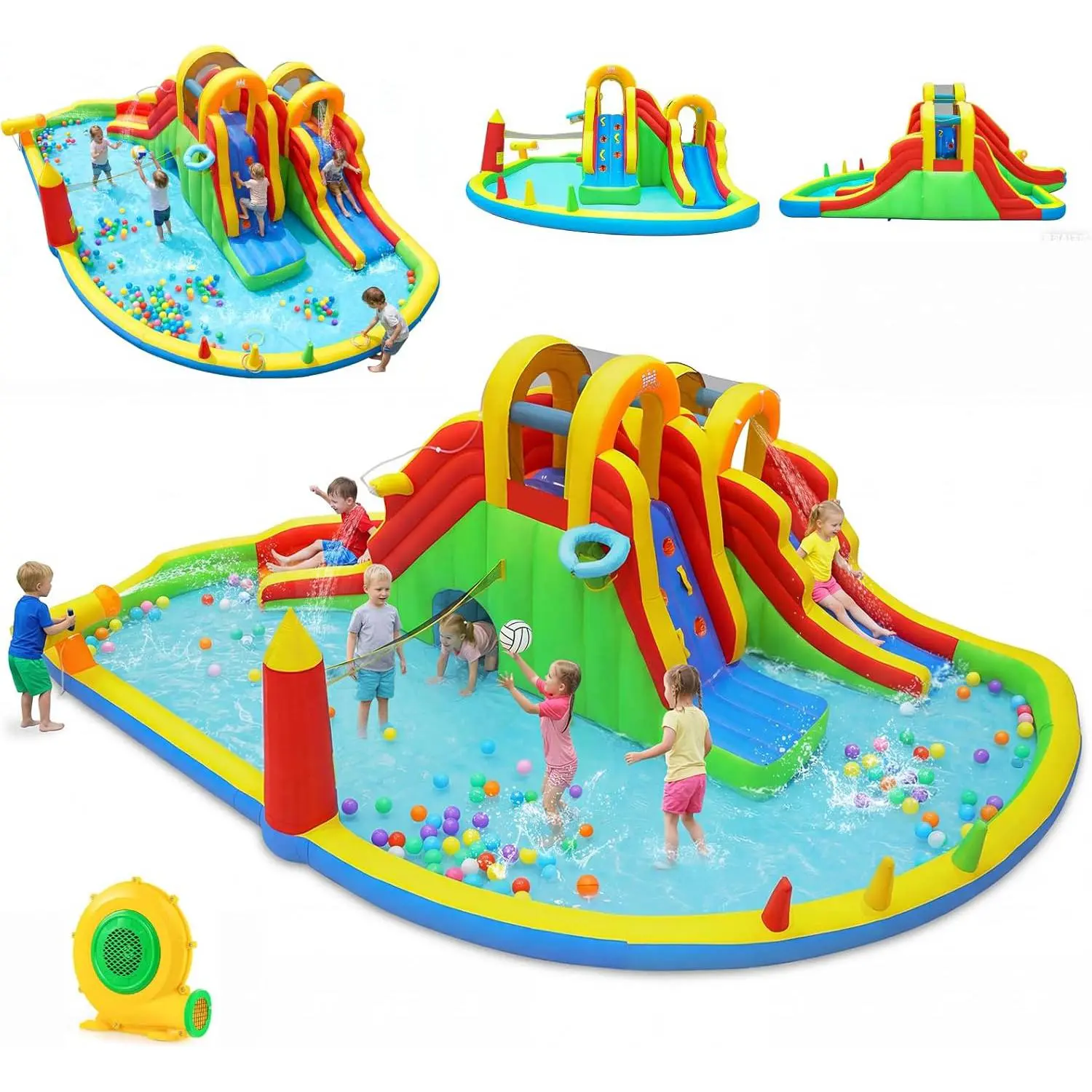 Costzon Kiddie Inflatable Water Slide with Air Blower - Lawn Playground Equipment, 8in Depth, Stake-Anchored, Inflatable Water Park Bounce House, Blower Power, for Backyard, Ages 3-10, 4th of July Dad Gift, Bounce House Water Park