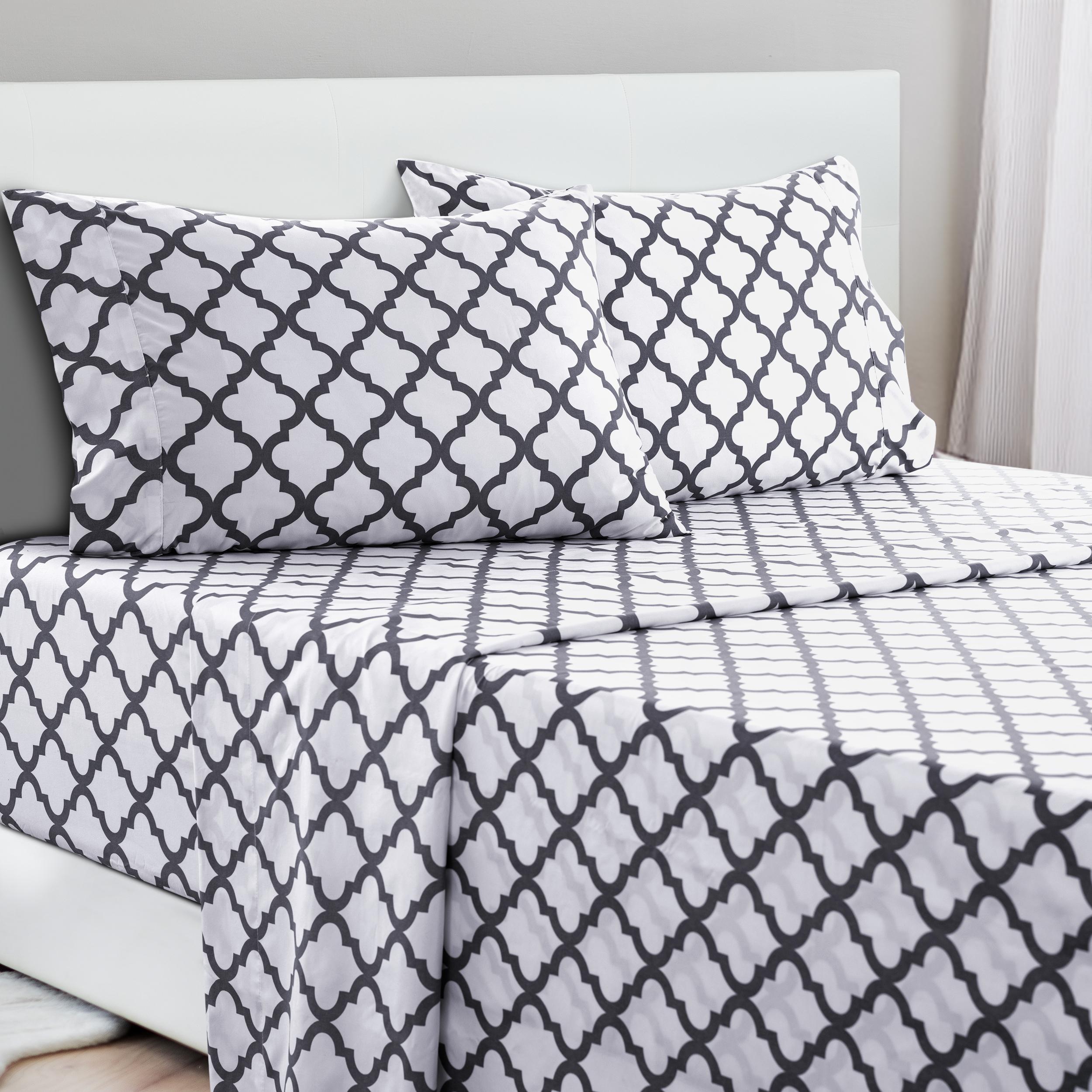 Lux Decor 4 Pc Quatrefoil, Floral & Paisley Bedding Set - Upto 16 inches Deep Pocket Wrinkle Free Soft Bedding Set with Pillowcases - Comfy Breathable & Cooling Hotel Luxury Sheets - Cozy & Luxury Bedding - Decorative Bedding Set - Summer Gifts