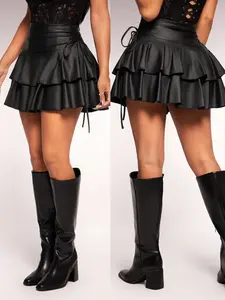Women’s sexy casual street-style mini skirt made from stretchy PU coated fabric with an elastic waistband, gathered ruffle hem, suitable for everyday wear, Elegant,summervibes
