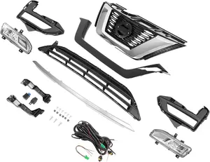 HECASA Front Upper + Lower Grille + Fog Light Kit Compatible with 2017-2020 Nissan Rogue Bumper Radiator Hood Grill Assembly Plastic Chrome&Painted Black+Silvery+Clear Lens