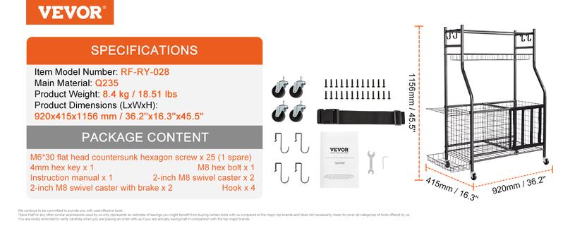 VEVOR Ball Sports Equipment  Garage Organizer, TikTokShopBlackFriday, Rolling Ball Storage Cart on Wheels, Basketball Rack with Baskets & Hooks, Indoor/Outdoor Sports Gear and Toys Storage, Steel Sports Equipment Organizer