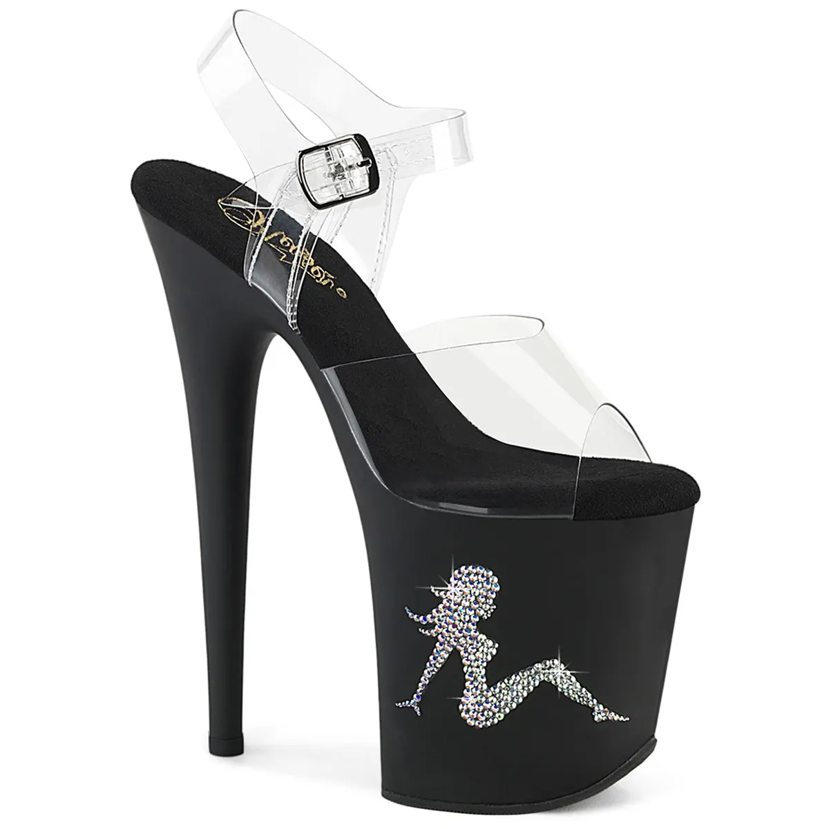 Pleaser 808TGRS Women's Elegant High Wedge Sandals - Pleaser Heels with Ankle Strap, Platform Design, Bold Statement Statement Shoes for Special Occasions, Footwear, Rhinestone, Ankle-High Women's Heeled Sandals, Clear/Black, Special Events, Open Toe, 8 I