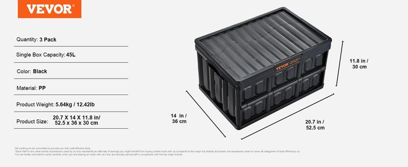 VEVOR Plastic Collapsible Storage Basket,  45L 3 Packs, Folding Stackable Storage Containers/Bins with Handles, Large Heavy Duty Containers for Clothes, Toys, Books, Snack, Shoes and Grocery Organizing Box Organiser