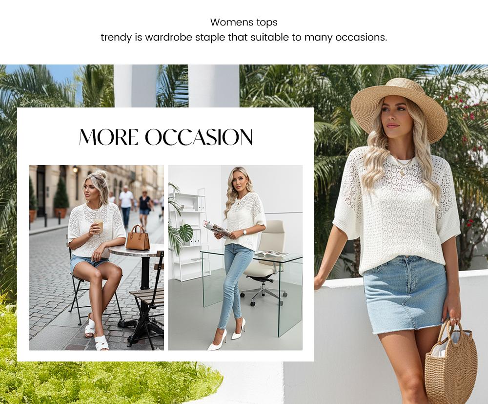 EVALESS Women's Crochet T Shirts Tops Crew Neck Short Sleeve Hollow Out Lace Lightweight Casual Knitwear Sweater Top 2026 Womenswear Springtok Summer Outfits EVALESS Women's Crochet T Shirts Tops Crew Neck Short Sleeve Hollow Out Lace Lightweight Casual Knitwear Sweater Top 2026 Womenswear Springtok Summer Outfits