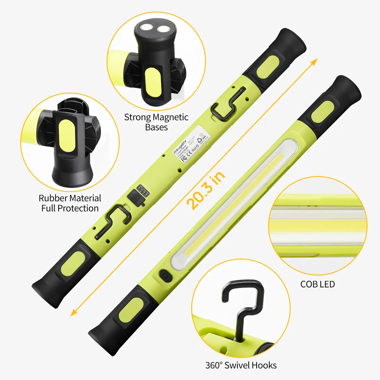【FathersDayGift】BougeRV Under Hood Work Light Bar, 3000LM LED Magnetic Light Bar with Hooks, 5200mAh Cordless Rechargeable Hood Light, Single Pack, Ideal for Mechanic, Car Repair & Garage Use