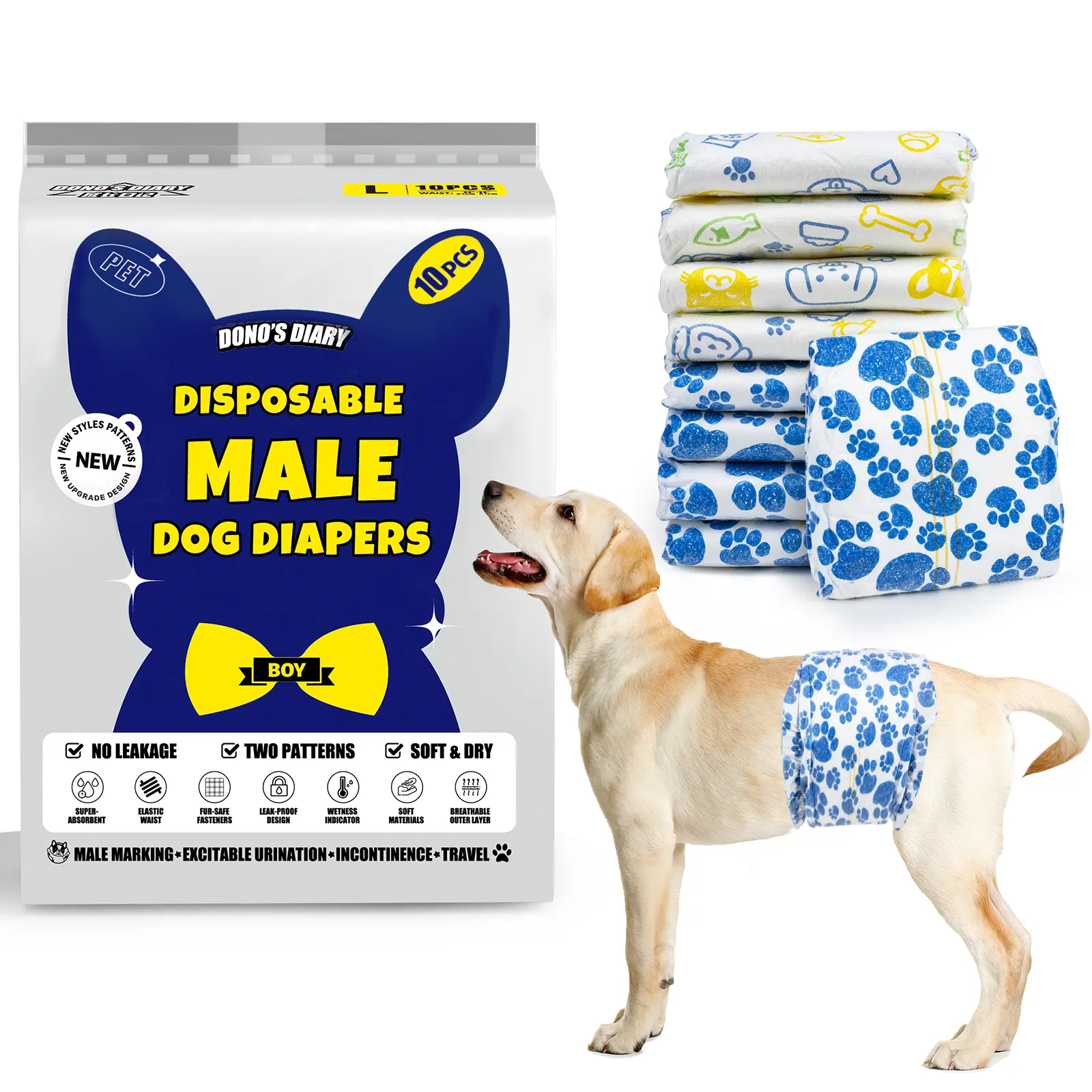 Dono Disposable Male Dog Diapers - Leak-Proof Puppy Diapers, Excitable Urination Incontinence ,Puppy Training,Senior dog diapers, XS-L Sizes, 2 or 6 Bags, Blue Paw & Cute Cartoon Design, Wetness Indicator, Rapid-Dry Gel Tech, Fast Absorption#backtoschool