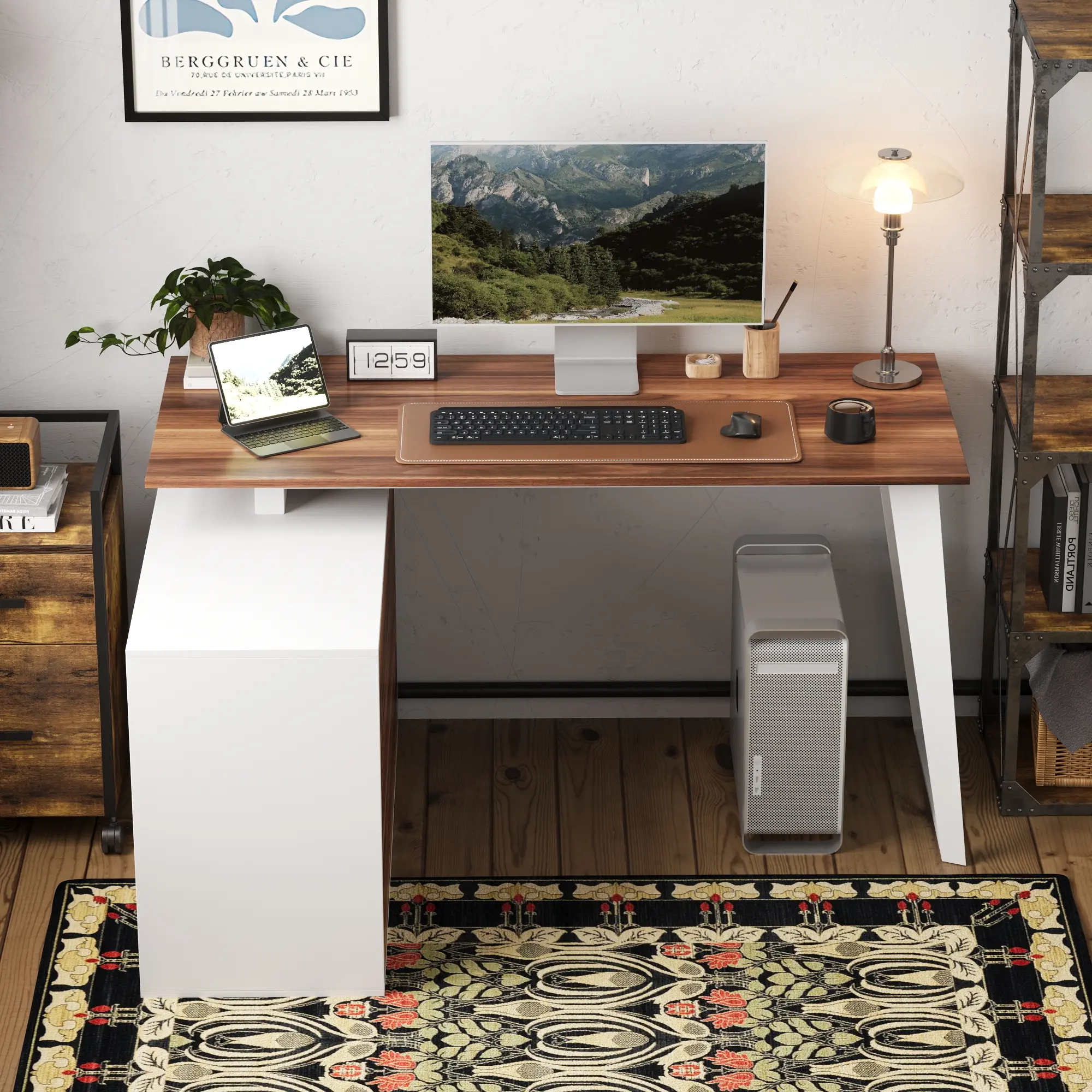 FUFU&GAGA 54.3" Large Size Rectangular Modern Home Decor Workstation Desk, Wood & White Metal Frame Office Writing Desk with Storage Cabinet, 3 Storage Drawers & Large Side Filing Cabinet