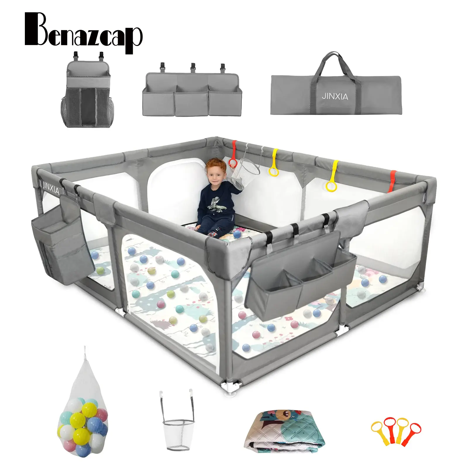 Benazcap Extra Large Baby Playpen, BPA-Free, Safe No Gaps Design for Indoor/Outdoor Fun, Gift for Expectant Mothers, Grey playpen Infant Sturdy Fence, Portable Playpen, Durable Playpen
