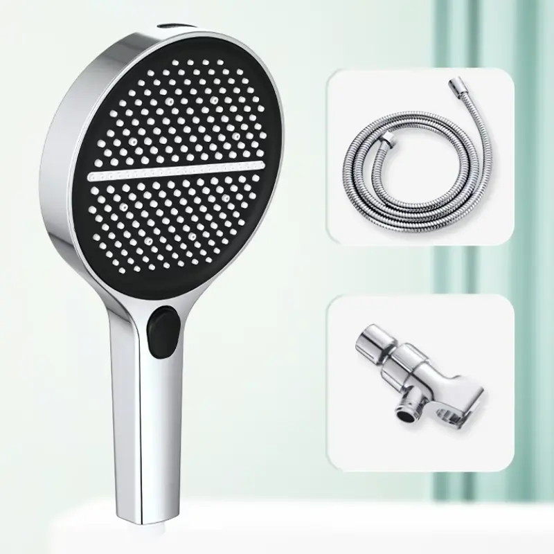 5.69" Size Handheld Shower Head - 4 Water Modes, Powerful Flow, Silver & Black Finish, Includes Mounting Bracket, 59in Soft Hose and All Required Parts, Four Modes