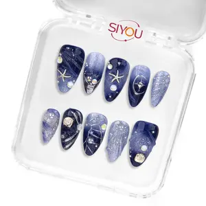 OCEAN OF STARS Premium Handmade Press-On Nails Long-Lasting Short Almond Shape Glossy Navy Blue, Light Blue, And White Finish Glossy Navy Blue Light Celestial Star Designs Style