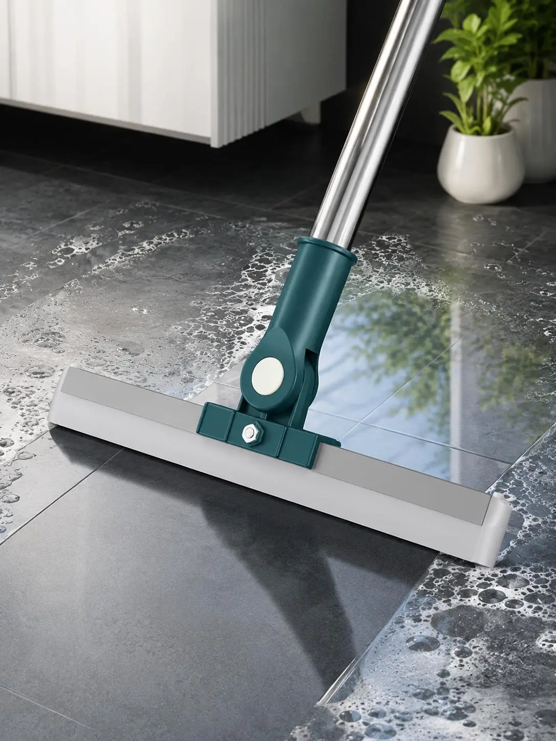 Durable Heavy-Duty Rubber Blade Floor Squeegee Mop with Stainless Steel Handle, 180° Rotating Head, Streak-Free Design, Removable & Washable, Vinyl/Garage Water Scraping Clean Floors Solution