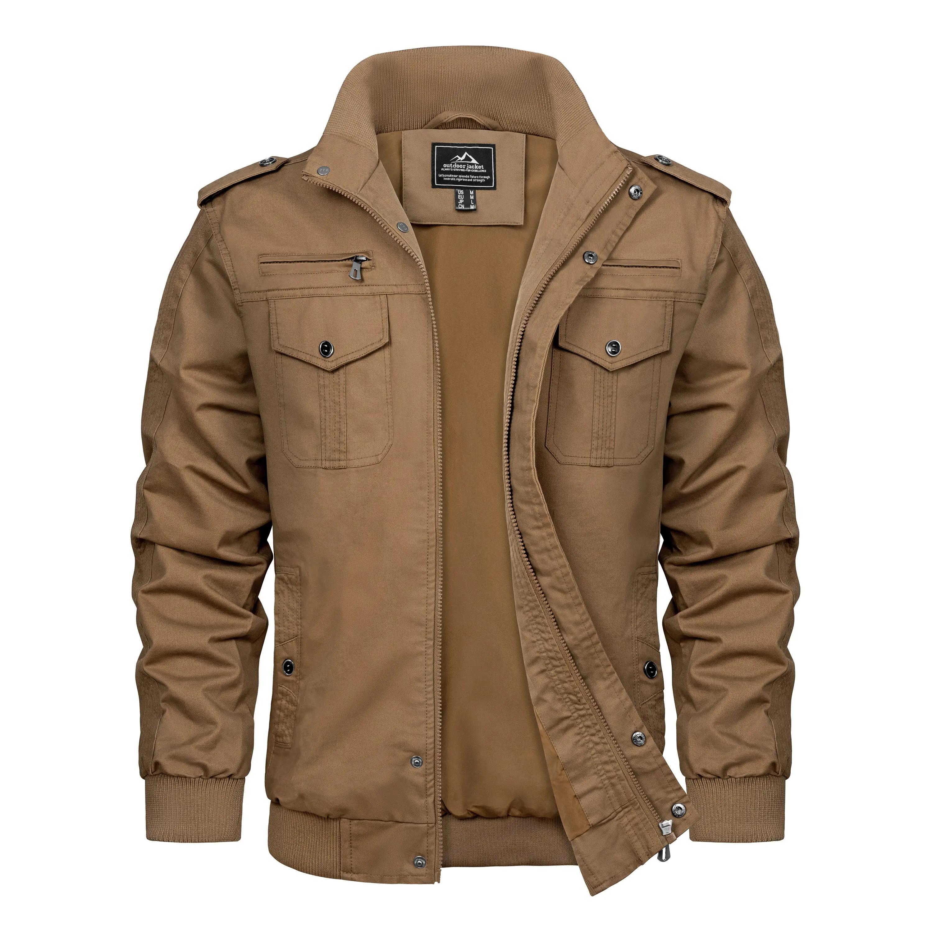 MAGCOMSEN Men's Soft Cotton Casual Cargo Jacket - Long Sleeve Stand Collar Windbreaker with Fitted Cut, Rib-Knit Zipper, Classic Fabric, Vintage Style, Multi-Pockets for Outdoor Use