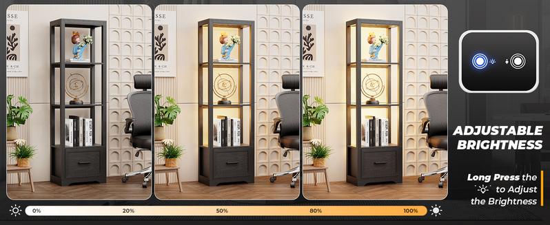 BROTTAR Display Shelf with 3 Color Lights, Curio Cabinet for Collectibles with Drawer, Display Case with Human Body Sensor, Black