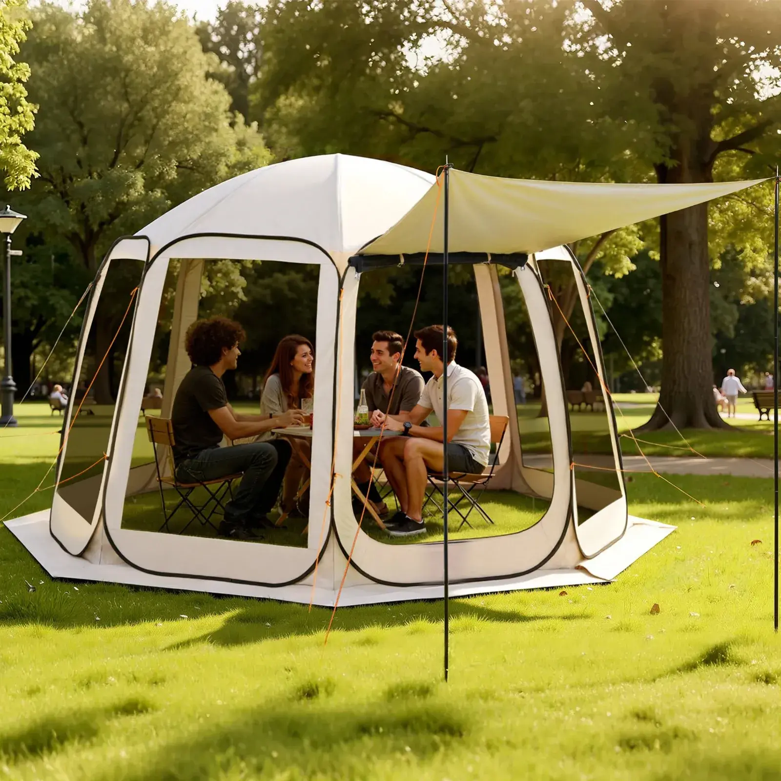 12 x 11 FT Pop Up Screen House Tent with Extended Awning, 10-12 Person Spacious Outdoor Screened Canopy, 360° High-Density Anti-Insect Mesh Sides, Waterproof & UV Resistant 300D Oxford Fabric, Windproof Reinforced Poles with Carry Bag & Ground Stakes