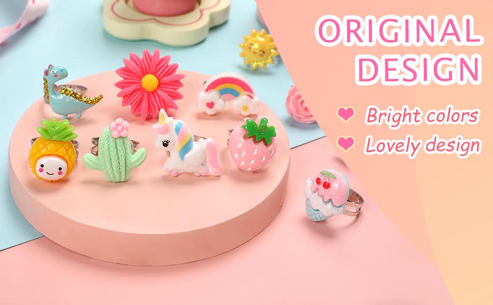 Kids Gifts Nicmore Adjustable Ring 24P Pink Sheet Cute Rings for Girls - Pink Theme, Nickel Free, Safe Materials, Suitable for Ages 3-8