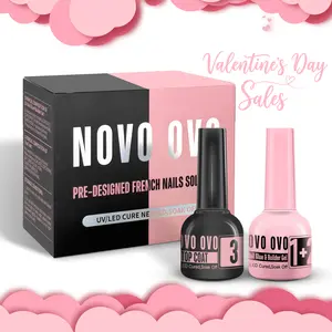 NOVO OVO French Tip Solution Kit, Including One Muti-function Gel as UV Glue, Base Coat Builder Gel 10 ml, One Premium Top Coat 10ml, for Pre-designed False Nails Tips Easy to Use 30 days lasting