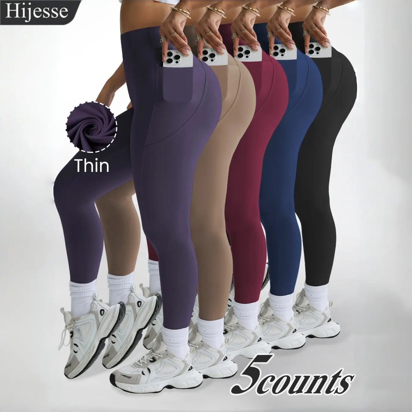 Hijesse 5 Pcs Spring Women High-Waisted Leggings for Women with Pockets – High-Stretch Butt Lifting Compression Pants for Gym, Running & Daily Fitness – Soft & Comfortable Workout Bottoms