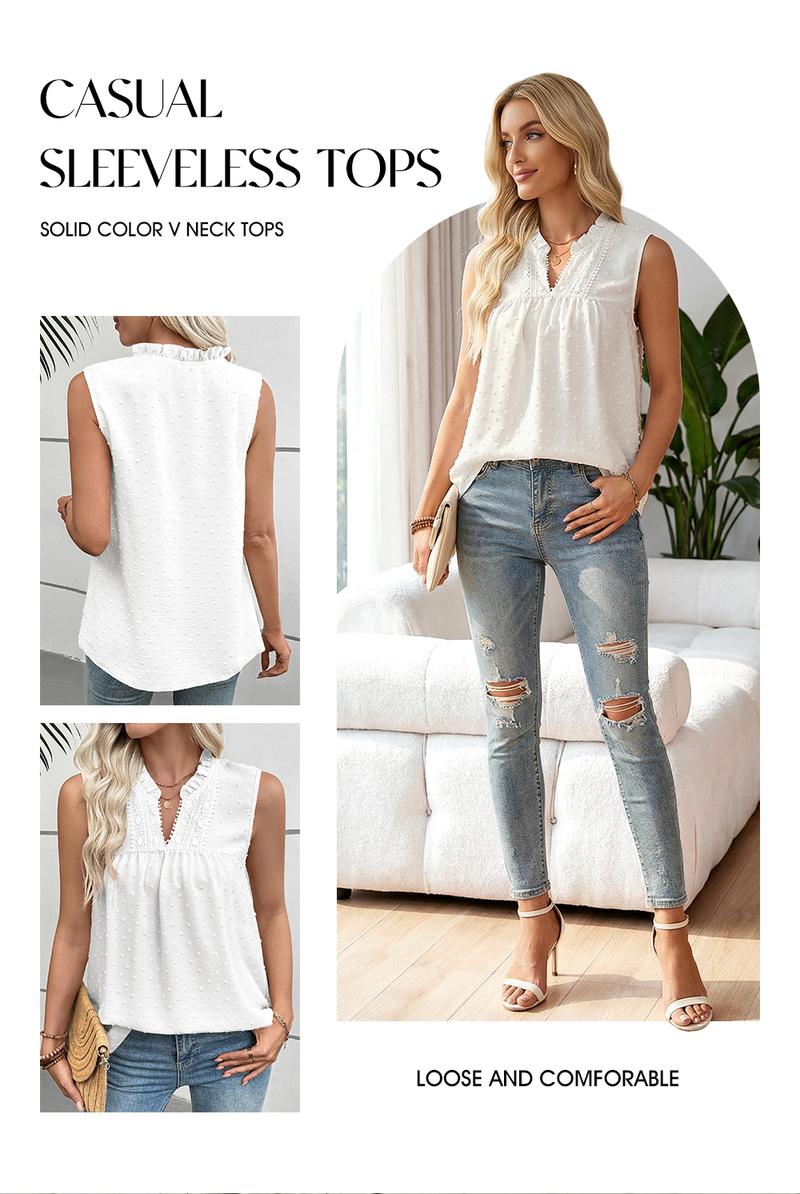 EVALESS Women's Tank Top Lace Casual V Neck Elegant Swiss Dot Smocked Sleeveless T Shirts Tops 2026 Womenswear Fashion Spring Outfits