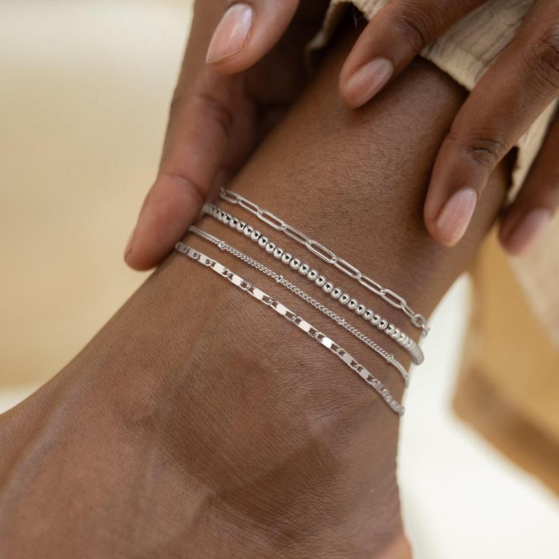 TEWIKY 925 Silver Plated Four-Layer Anklet with Paperclip, Beaded, Satellite, Bar Chain, Valentine's Day Gift, Suitable for Various Occasions