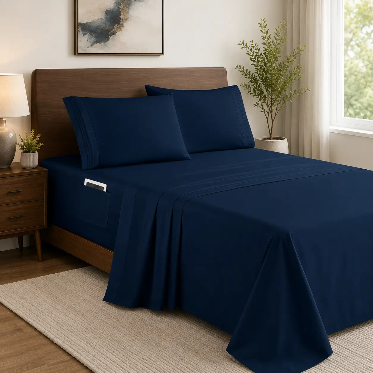 MOCASSI 4-Piece Hotel Style Microfiber Bed Sheet Set - 3-Line Embroidery, 18-24in Extra-Deep Pockets, Soft Bedding Sheet, Silky Fabric, Solid Color Mood Shades Bedding