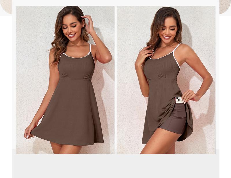 Aleumdr Women’s Ribbed One Piece Swimsuits Modest Swim Dress Tummy Control Adjustable Straps Bathing Suit with Pockets Sport Swimming Clothing Beach Flowy Swimdress