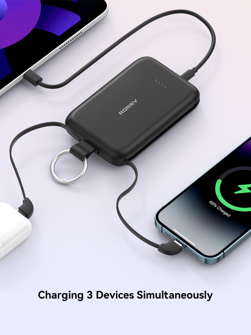 RORRY 10000mAh Portable Charger 30W Fast Charging Power Bank with Built-in Type-C & Lighting Cables Travel Keychain Battery Pack for iPhone 17-12 AirPods Android iPad Switch Lightweight Compact Multi Device Charging   valentinesdaygiftideas