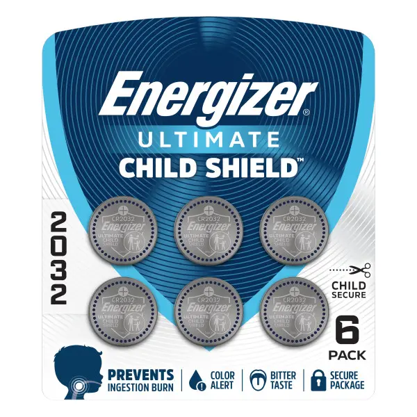 Energizer Ultimate Child Shield CR2032 Batteries (6 Pack), 3V Lithium Coin Batteries, Compatible with Apple AirTag and Tile Pro Devices, Key Fobs, Watches and More