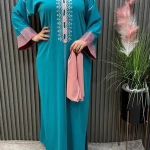 Moroccan jalabia orange with green Ebroidery details-Elegant traditional women s wear