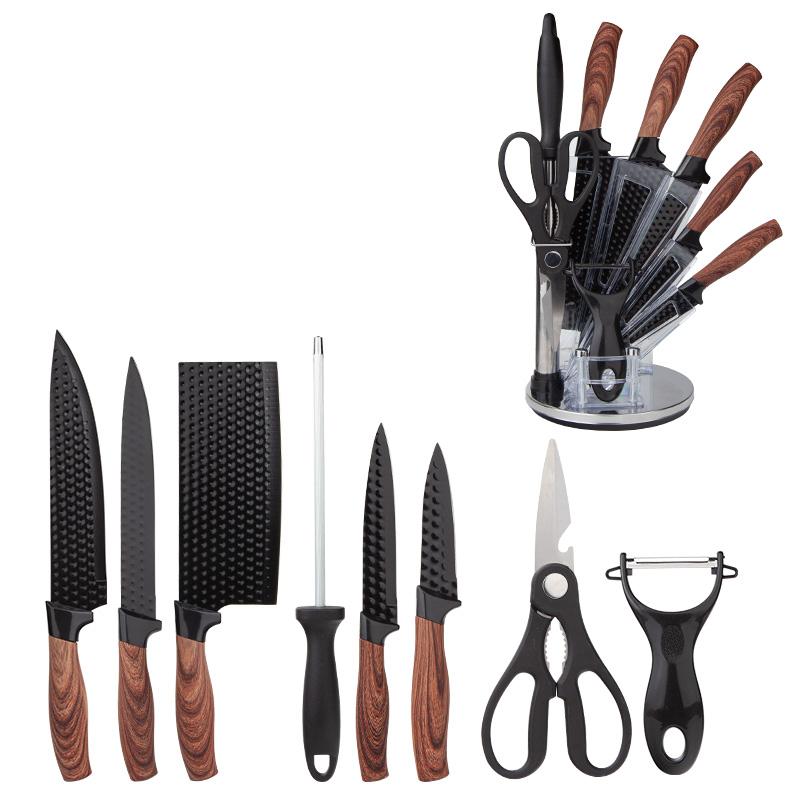 9-Piece Kitchen Knife Set - Black Chef Knife Set with Sharp Blades, Non-Stick Stainless Steel Cooking Knives Set, Ergonomic Wood Grain Handle, Aesthetic Kitchen Knives,Meat Knife Block