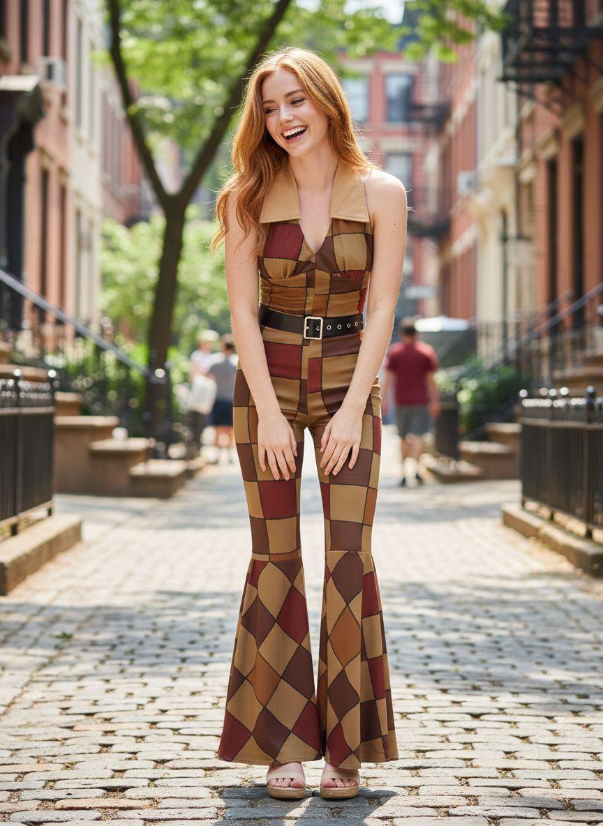 1970S GEOMETRIC PATTERN PATCHWORK HALTER JUMPSUIT Womenswear Overalls