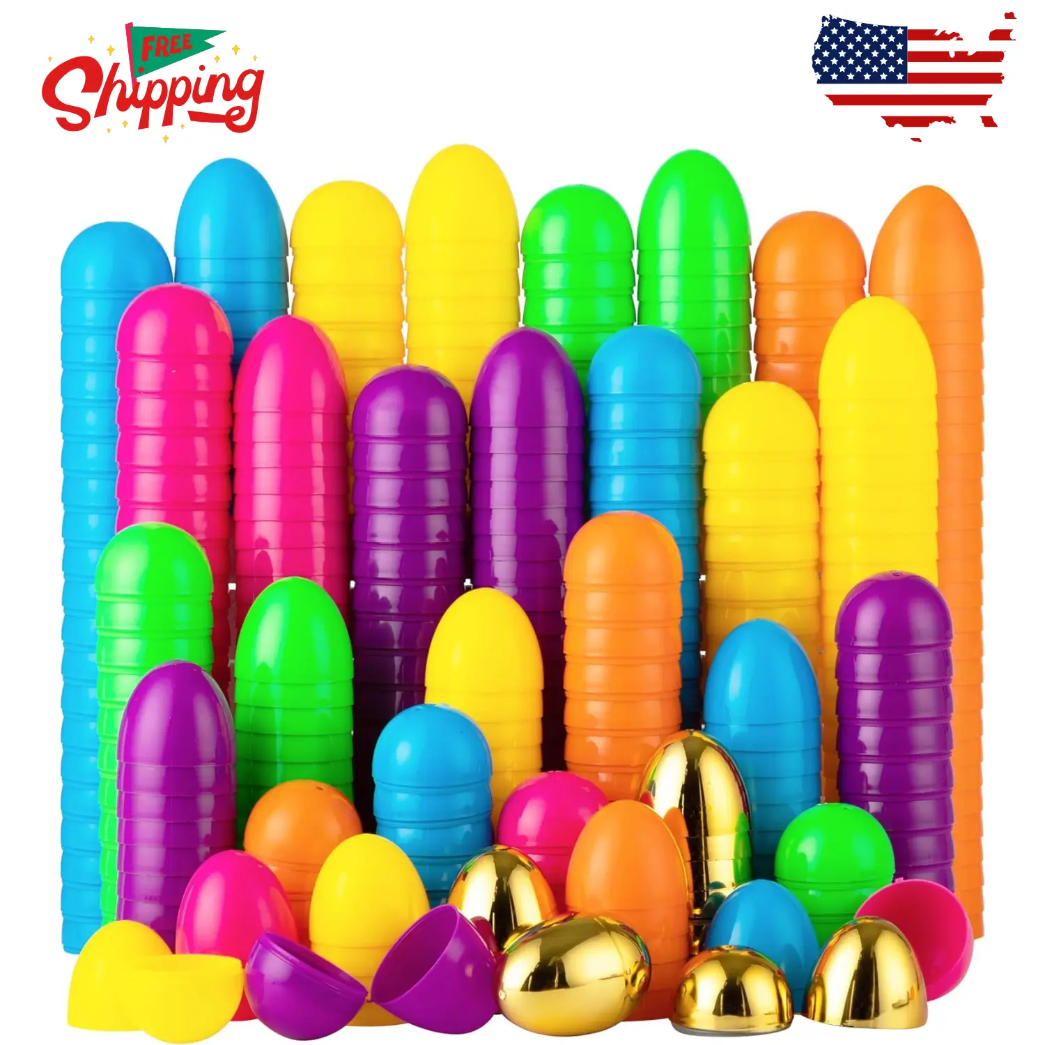 50PCS Plastic Easter Eggs, Empty 2.3" 44PCS Colorful with 6PCS Golden Eggs