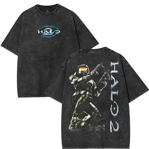 HALO 2 Vintage Heavyweight Washed Tshirt - Comfort Cotton Crew Neck Casual 100% Premium Cotton - Fabric, Menswear Top Graphic Hoodie Print Straight Tee Streetwear