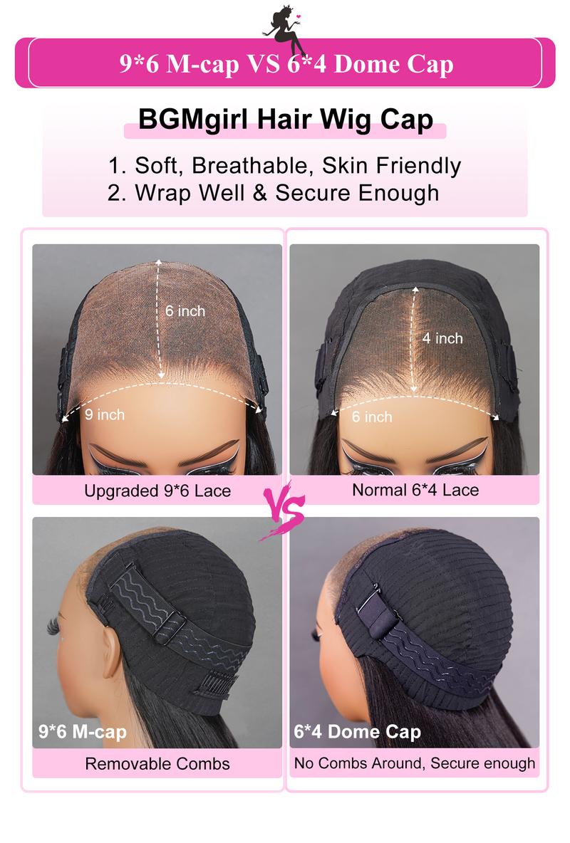 BGMgirl M-cap 9x6 Kinky Straight/ Yaki Straight Wear Go 180% Density Pre-Bleached HD Lace Glueless Wig Pre Plucked Hairline Human Hair