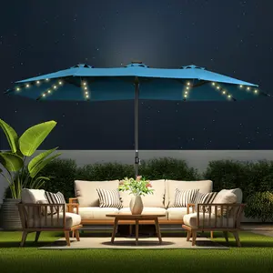 【Solar Powered】15ft Double-Sided Patio Umbrella with Solar LED Lights, 48 Light Beads & 10H Running Time, 99.9% UV Resistant Large Market Umbrella with Included Base for Backyard, Poolside, Garden