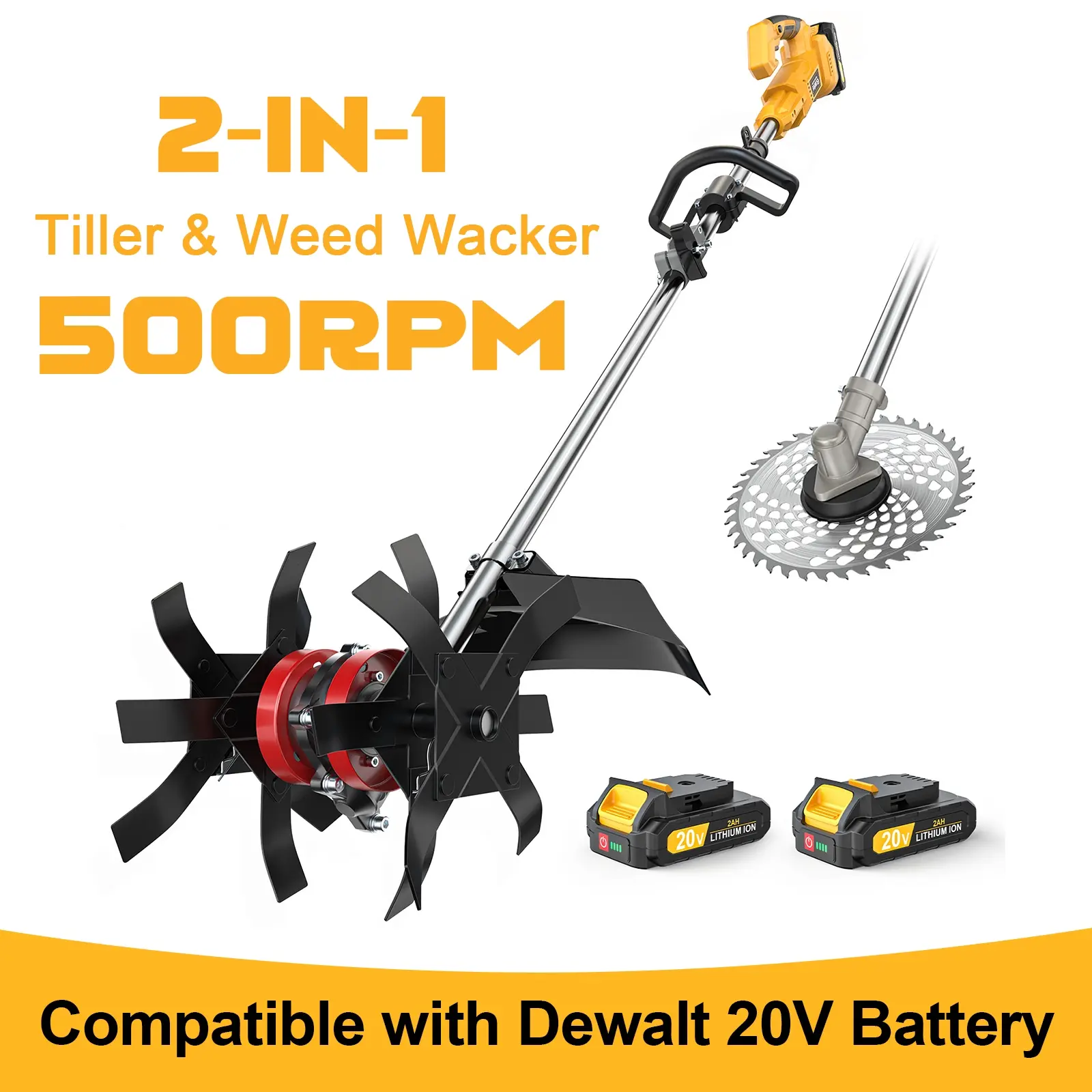 2-in-1 Cordless Tiller Cultivator and Weed Wacker with 2 * 2.0Ah Batteries & Charger, 500RPM Electric Tiller and Weed Eater Compatible with Dewalt 20V Battery, 9In Tilling Width & 9.4In Depth Tiller for Lawn/Gardening/Soil Cultivation