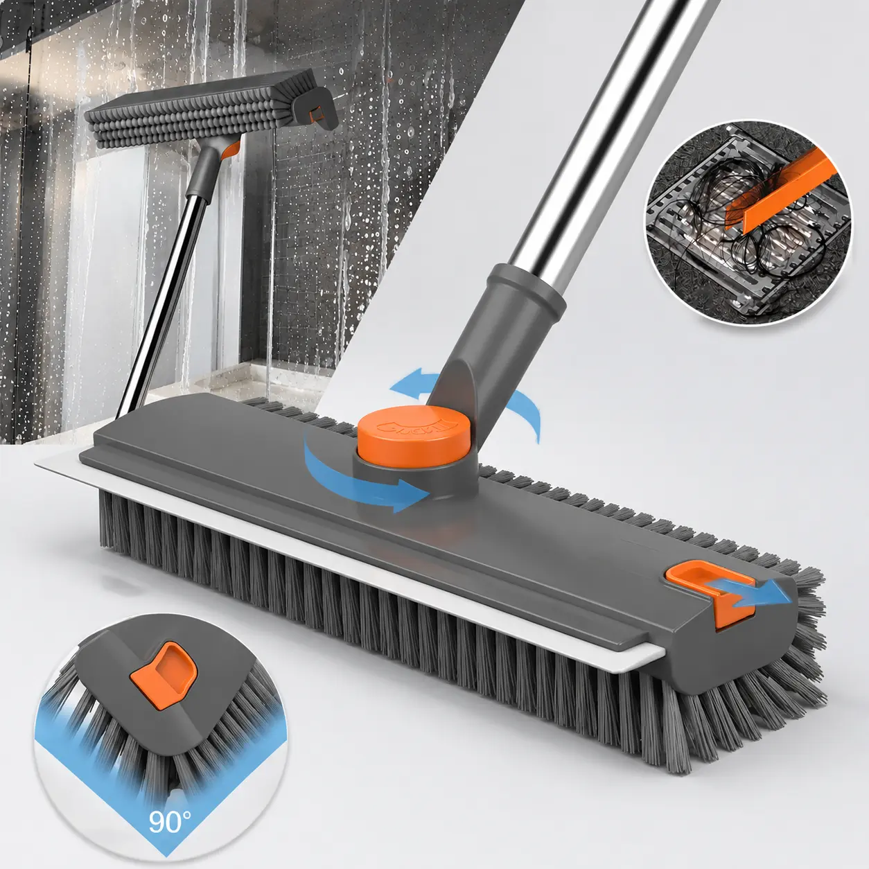 3-in-1 Household Floor Scrub Brush with Detachable Long Handle, 90-Degree Heavy-Duty Stiff Bristle Plastic+Steel Push Broom for Hard Surfaces, Indoor/Outdoor Tile Wood Concrete Stain Removal Home Supply, 3-In-1 Brush, Detachable Handle