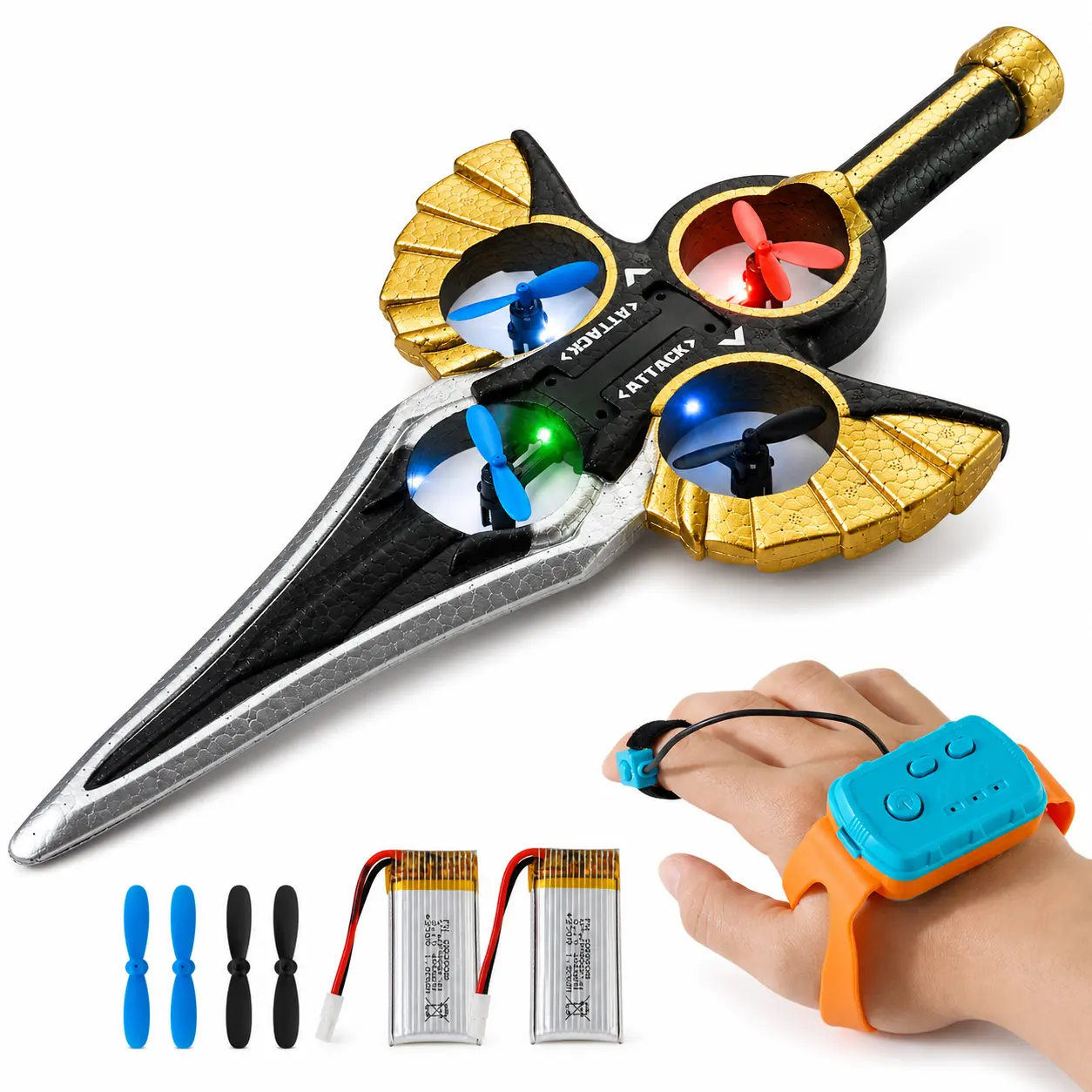 Flying Sword RC Toy for Kids, Remote Control Flying Sword with Hand Gesture Controller, Color Light Effects, Hover Flying Action & Extra Propellers, Indoor Outdoor Toy for Boys Girls