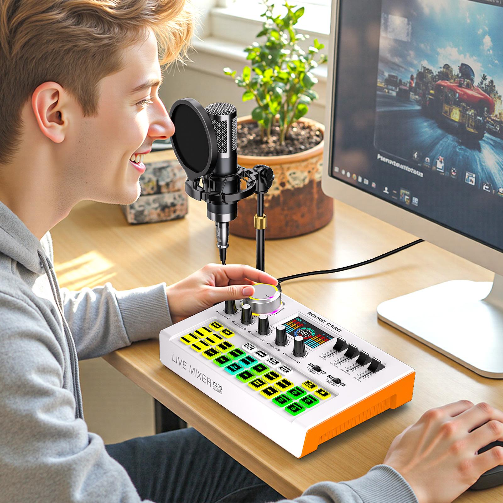 Y300 Audio mixer Podcast Equipment Bundle, Audio Interface with Cardioid Designer P15 Mic for Gamer and All-in-One DJ Mixer, Perfect for Live Streaming, Singing, YouTube, Gaming