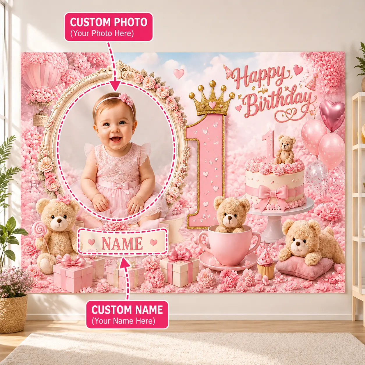 Personalized Floral Photo Name 1st Birthday Wall Backdrop - Custom Flower Backdrop, Personalized Banner, Festive Birthday Decoration for Baby Girl Party Supplies